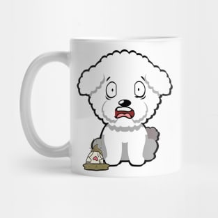 Funny furry dog steps on a dirty diaper Mug